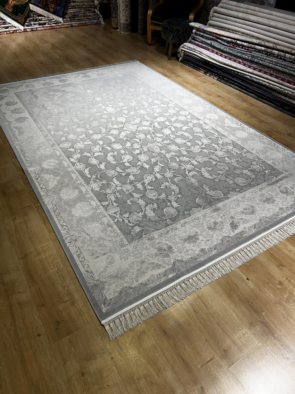 Gray Silk Bamboo Rug, 7x10 ft, Floral Pattern Bordered Turkish Rug