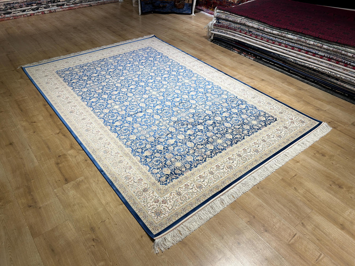 Blue Silk Rug, Classic Silk Carpet with Floral Pattern