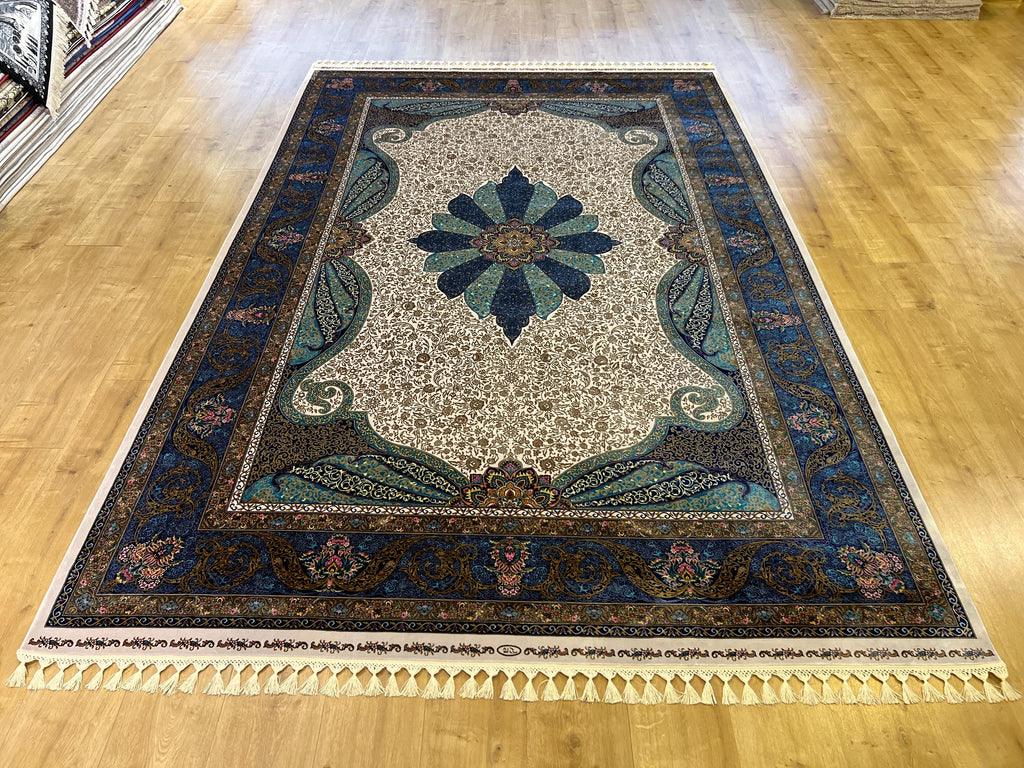 Ivory Silk Rug, Gold Blue Medallion, Classic Traditional Style Carpet