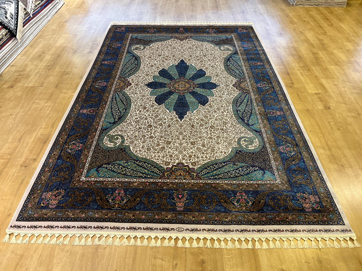 Ivory Silk Rug, Gold Blue Medallion, Classic Traditional Style Carpet