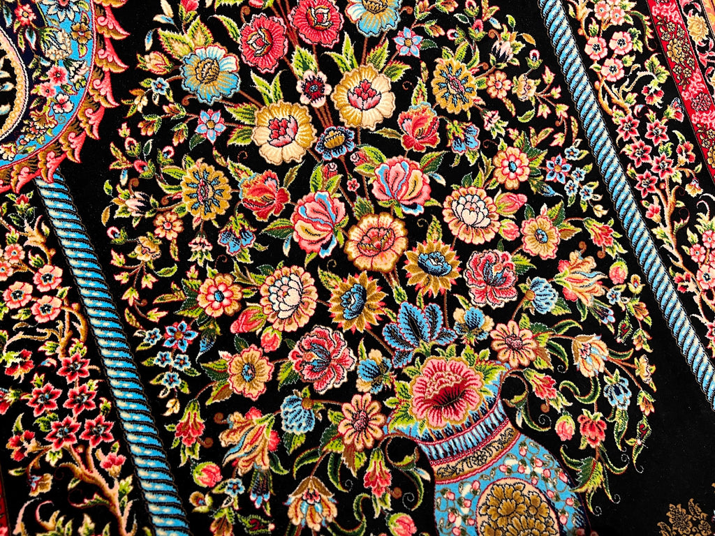 Black Small Silk Rug, Vase Pattern Wall Decor Mat, Floral Tapestry