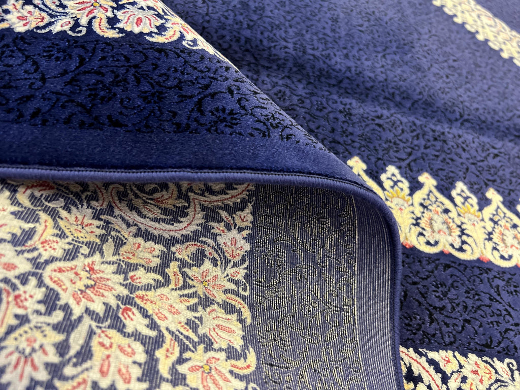 7x10 ft Navy Silk Rug with Grey Medallion and Border, Classic Luxury Home Decor