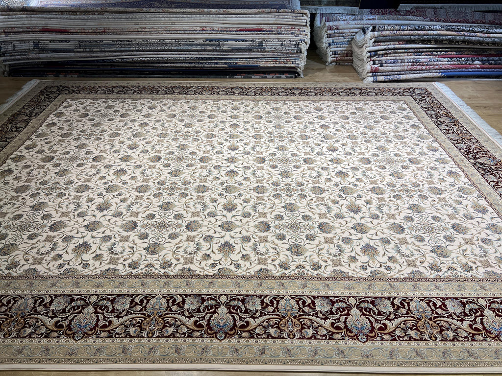 Cream Red Silk Rug, 10x13 ft, Large Classic Luxury Area Rug