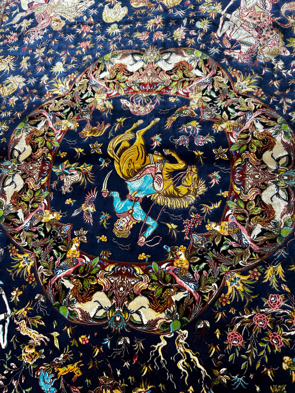 Blue Decorative Silk Tapestry Rug With Art Motifs, Floral Design