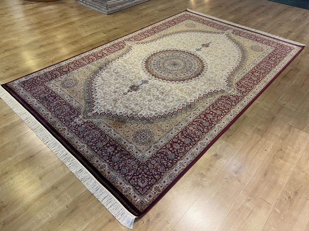 7x10 Bamboo Silk Rug, Red Gold Medallion Design, Beige Classic Turkish Carpet