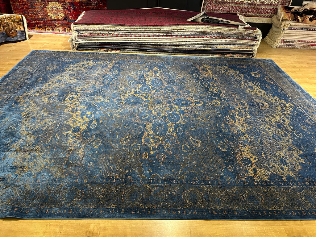 10x13 ft Blue Gold Gray Bamboo Rug, Distressed Pattern, Modern Rug