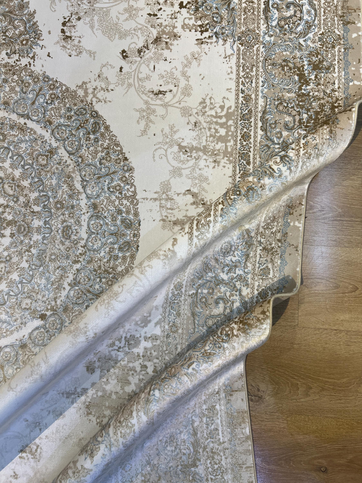 7x10 ft Cream Silk Rug with Beige Medallion and Border, Antique Style