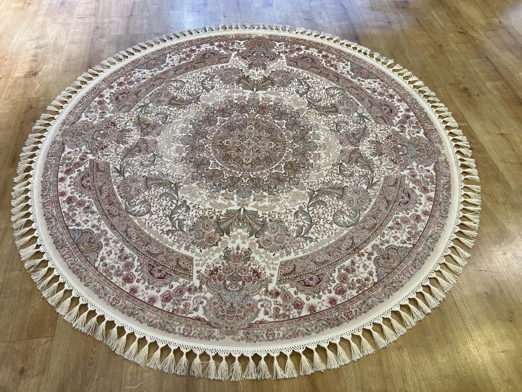 5x5 Ft Cream Gold Round Silk Rug, Medallion Design, Classic Turkish Style