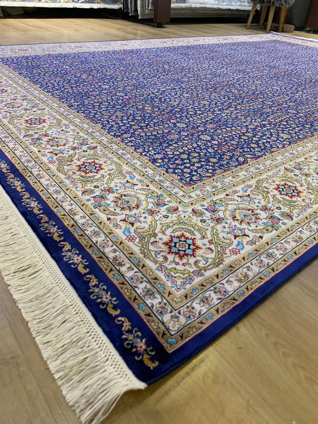 Blue Floral Silk Rug, Traditional Turkish Carpet, Luxury Home Decor