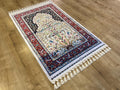 2.62X4.10 ft Ivory Red Silk Prayer Rug, Luxury Muslim Janamaz Mat