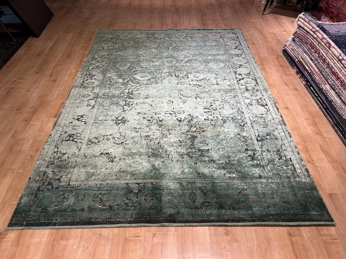 7x10 ft Green Bamboo Rug, Distressed Pattern Vintage Area Rug, Luxury Home Decor