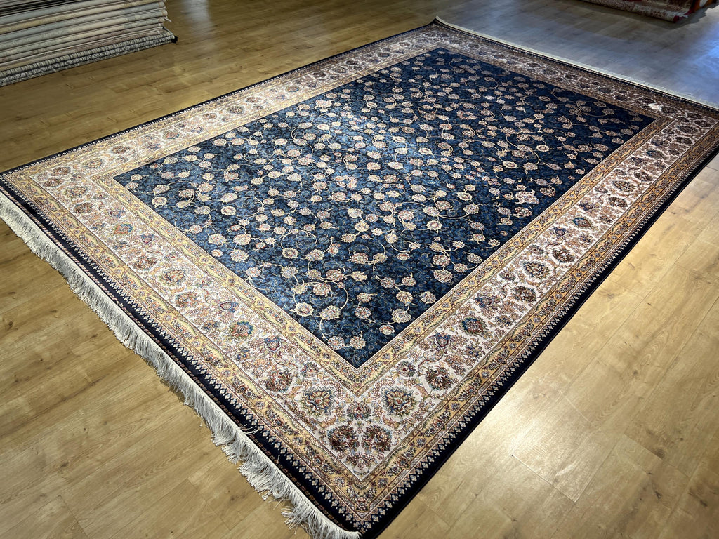 8x11 ft Blue Silk Bamboo Rug with Ivory Border and Gold Pattern, Classic Design