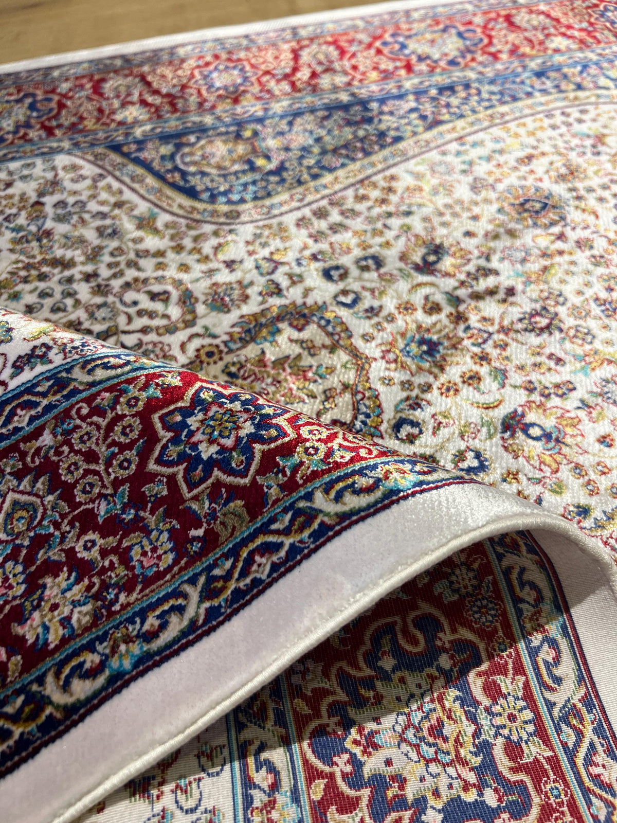 Silk Prayer Rug, Red Blue Muslim Gift Mat, Janamaz Rug 2.62x4.10 ft
