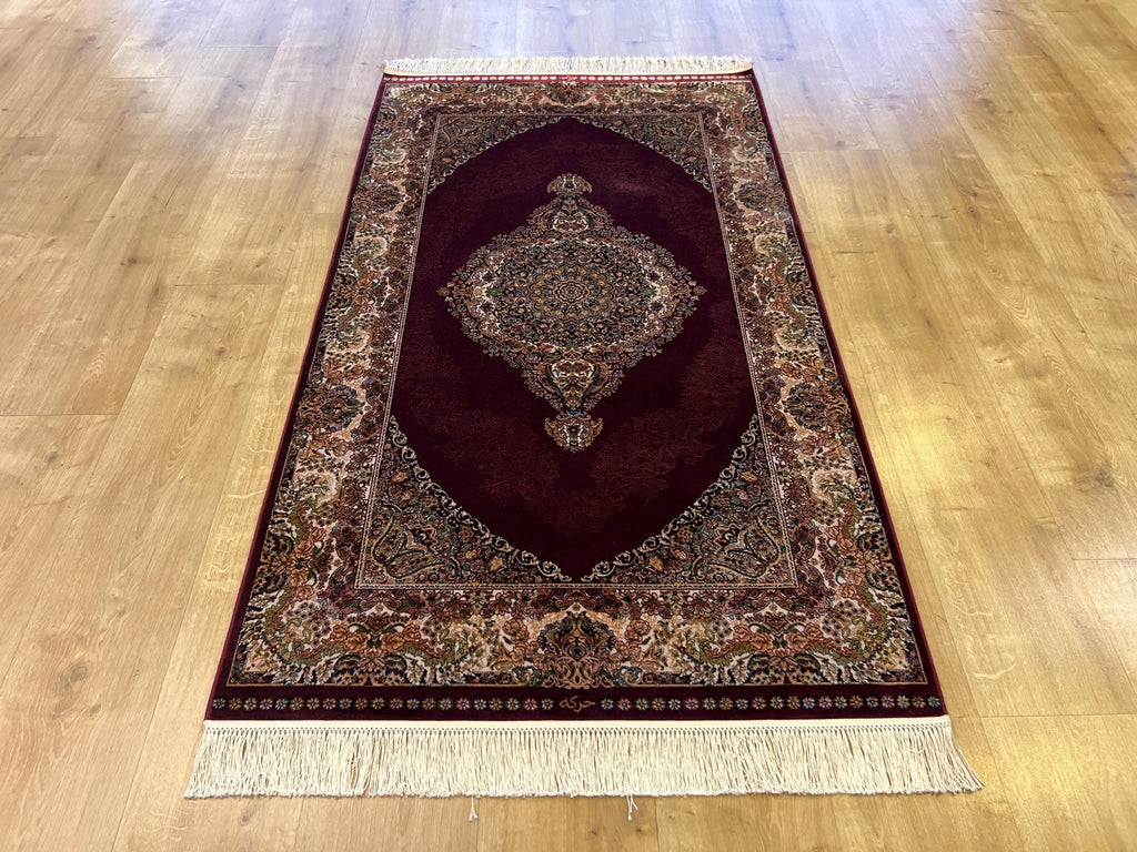 Red Silk Rug with Gold and Green Medallion, 3x5 ft, Classic Small Rug