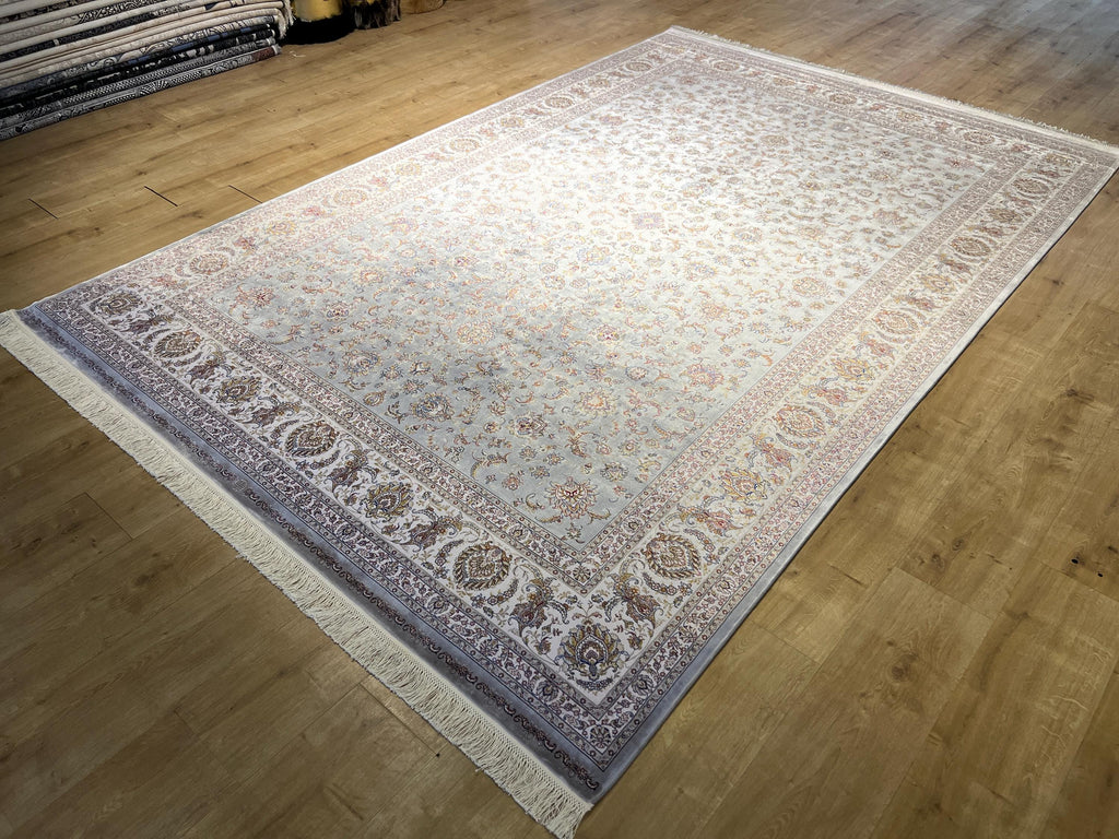 7x10 ft Gray Floral Silk Rug, Classic Turkish Silk Carpet, Luxury Home Decor