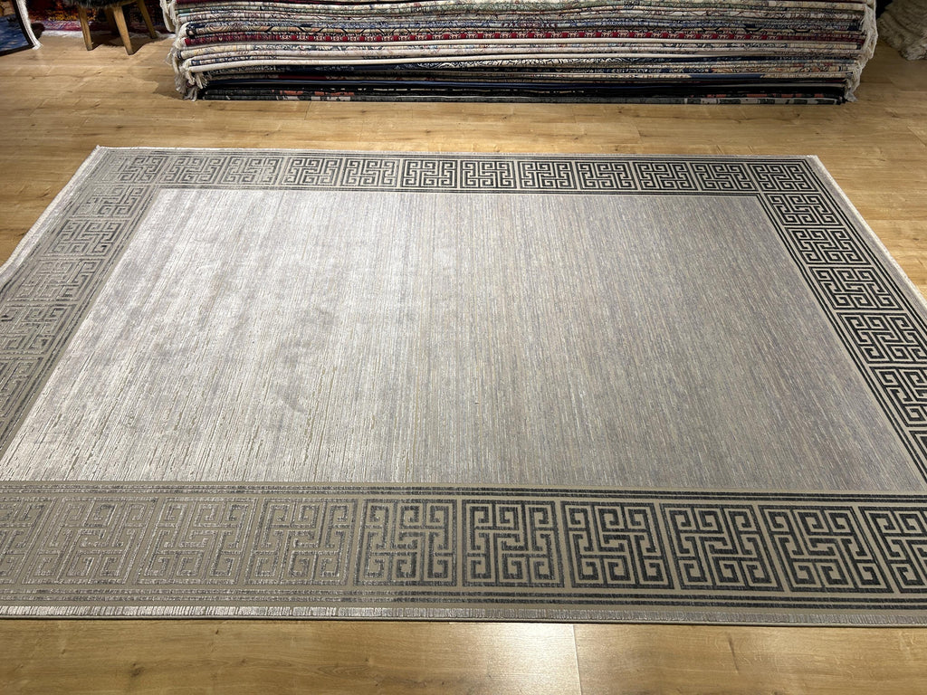 7x10 ft Gray Bamboo Rug, Bordered Minimalist Modern Rug