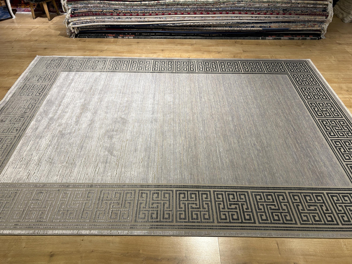 7x10 ft Gray Bamboo Rug, Bordered Minimalist Modern Rug