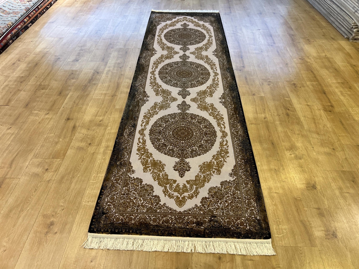 Black Gold Medallion Silk Runner Rug, 3x10 ft, Classic Luxury Turkish Rug