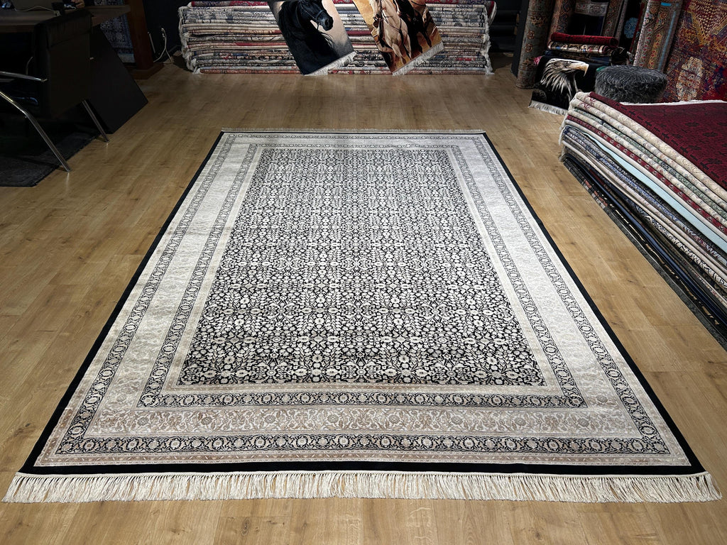 Black Silk Rug with Beige Floral Pattern, Classic Turkish Rug