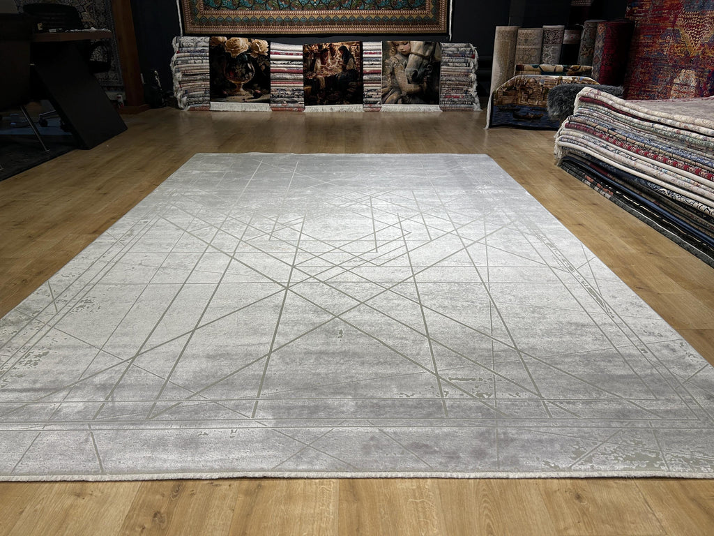 7x10 ft Gray Beige Bamboo Rug, Geometric Striped Pattern, Abstract Modern Area Rug