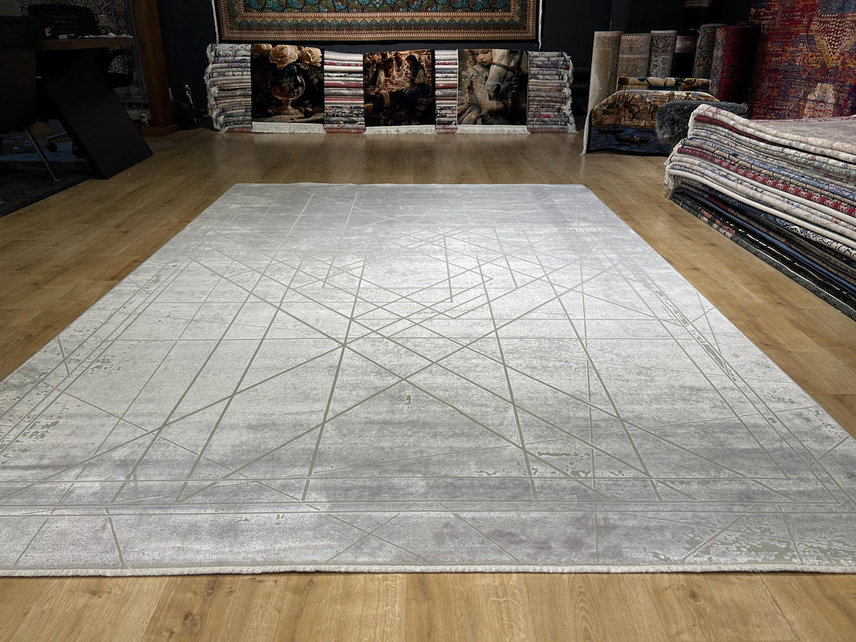 7x10 ft Gray Beige Bamboo Rug, Geometric Striped Pattern, Abstract Modern Area Rug