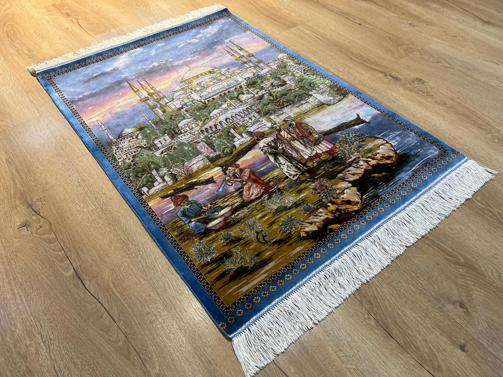 Old Istanbul Landscape Silk Rug, Decorative Table Mat, Tapestry
