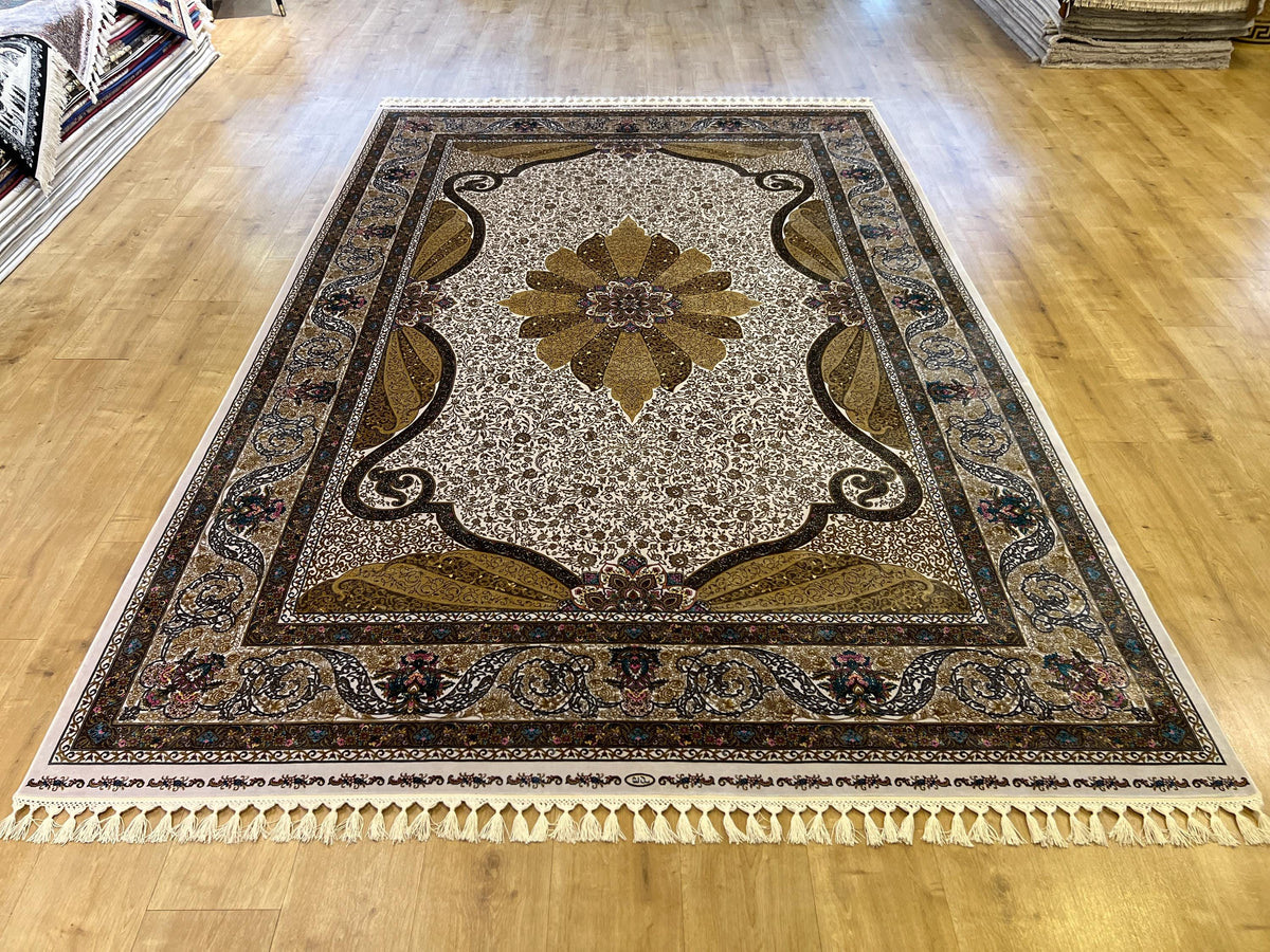 Cream Silk Rug with Gold Medallion Classic Design