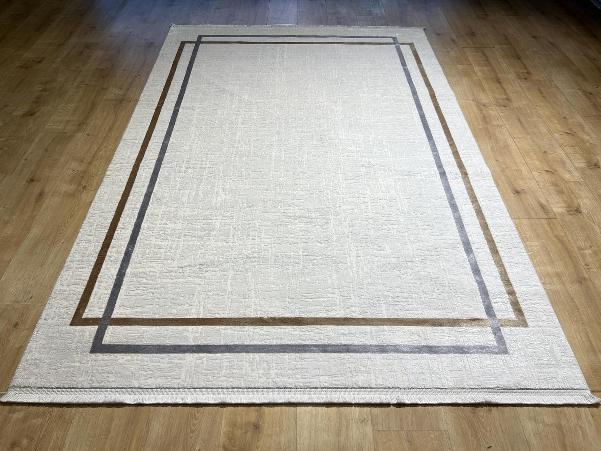 5x8 Ft Cream Bamboo Rug with Gray Gold Border, Modern Style