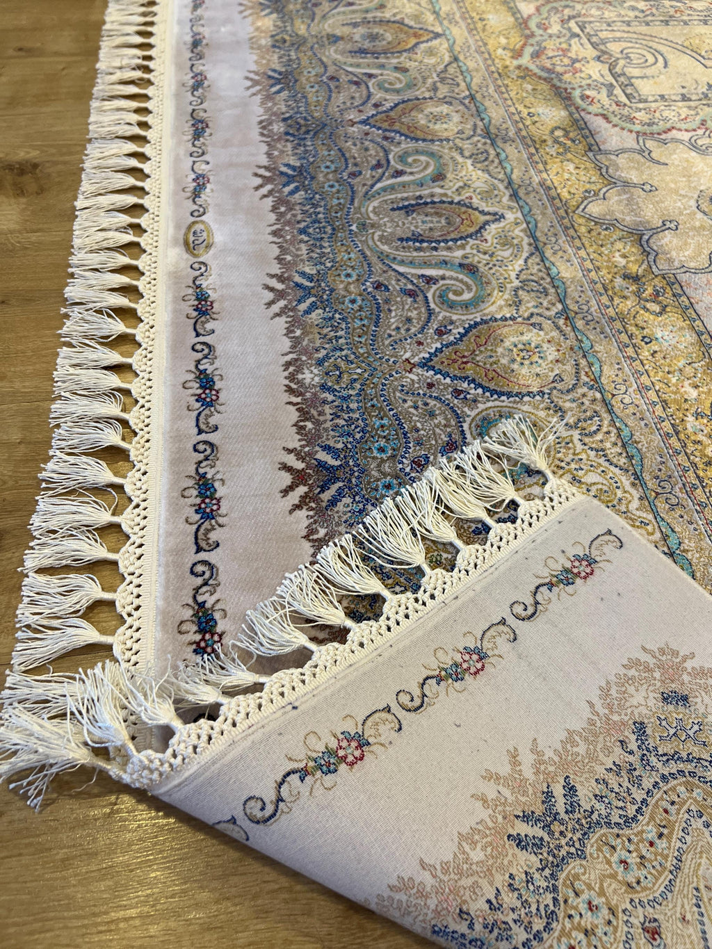 Blue Gold Silk Rug, Medallion Design Classic Silk Carpet