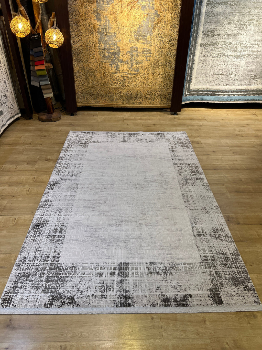 Gray and White Bamboo Rug 5x8 ft, Modern Style