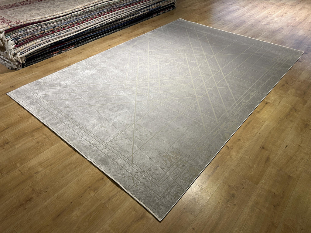 7x10 ft Gray Beige Bamboo Rug, Geometric Striped Pattern, Abstract Modern Area Rug