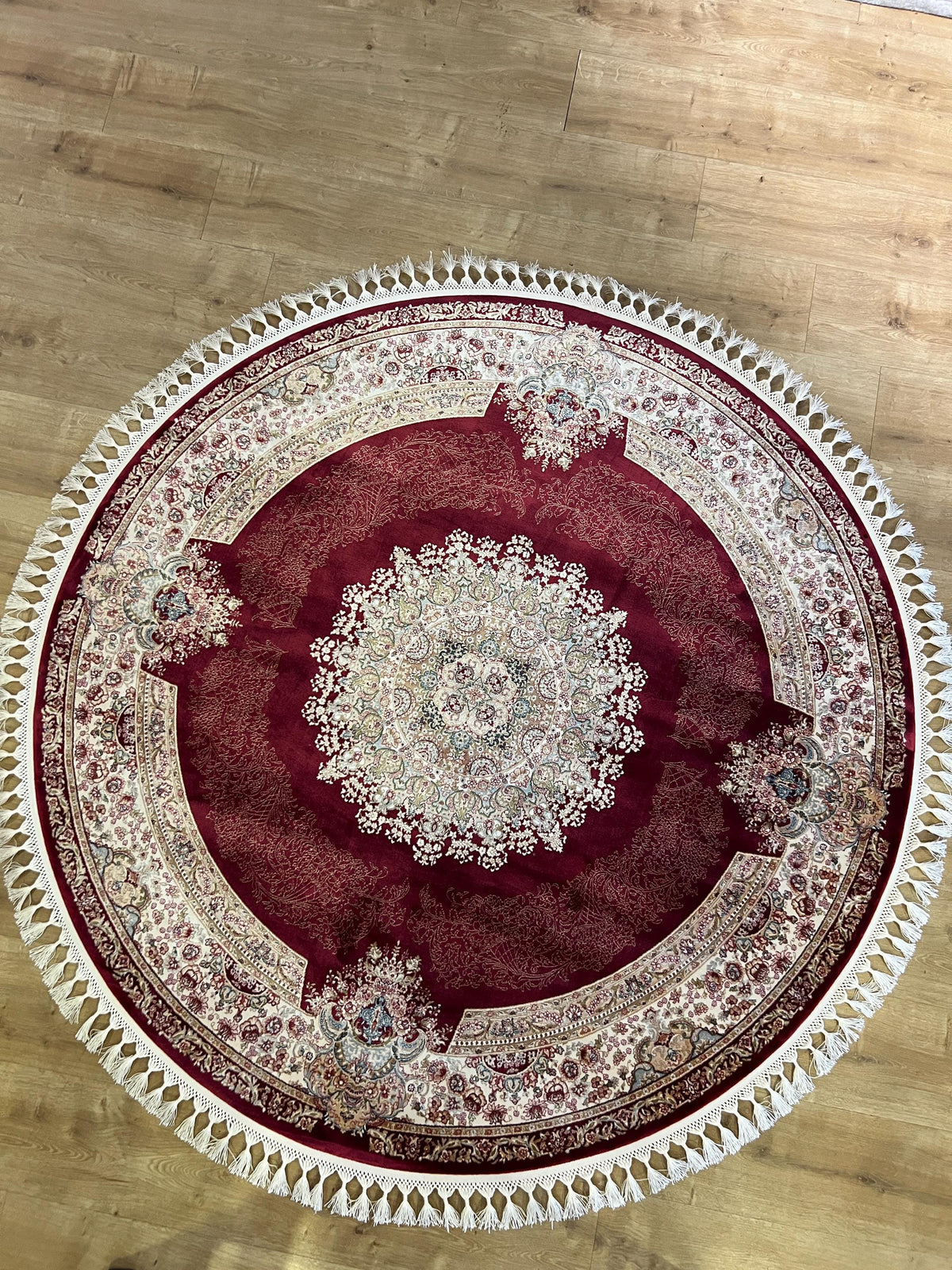 Round Silk Rug, Red Classic Turkish Carpet, Floral Medallion