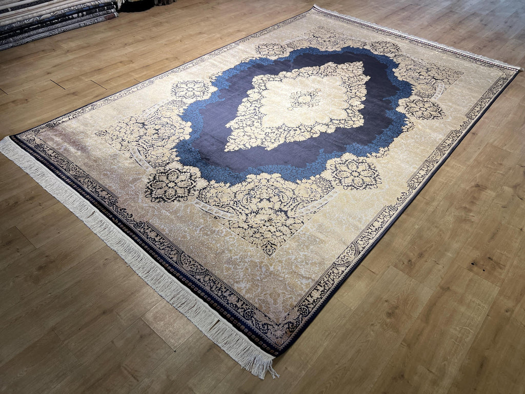 7x10 ft Navy Silk Rug, Gold Medallion and Border, Luxury Turkish Style