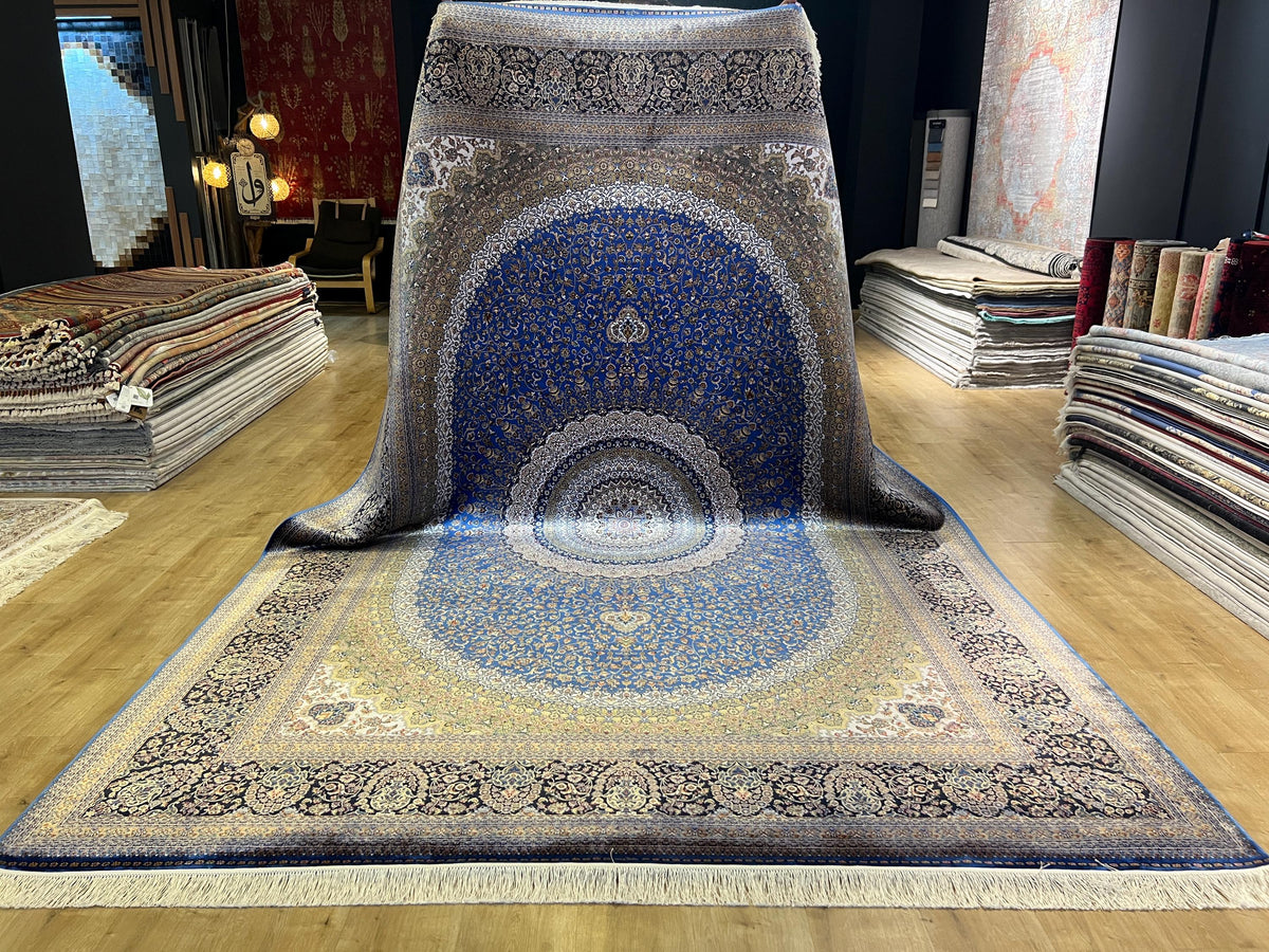 Blue Beige Silk Palace Rug, Traditional Turkish Carpet (8x11 ft)