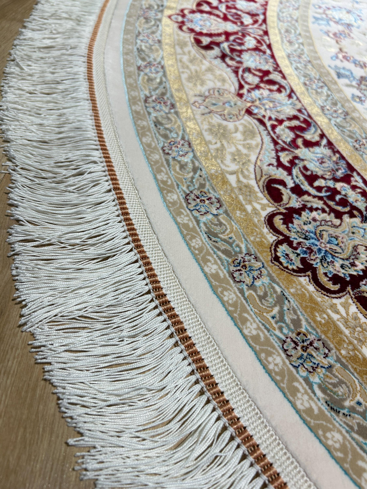 5x5 ft Ivory Round Silk Rug, Red Gold Border Design, Turkish Style Floral Pattern