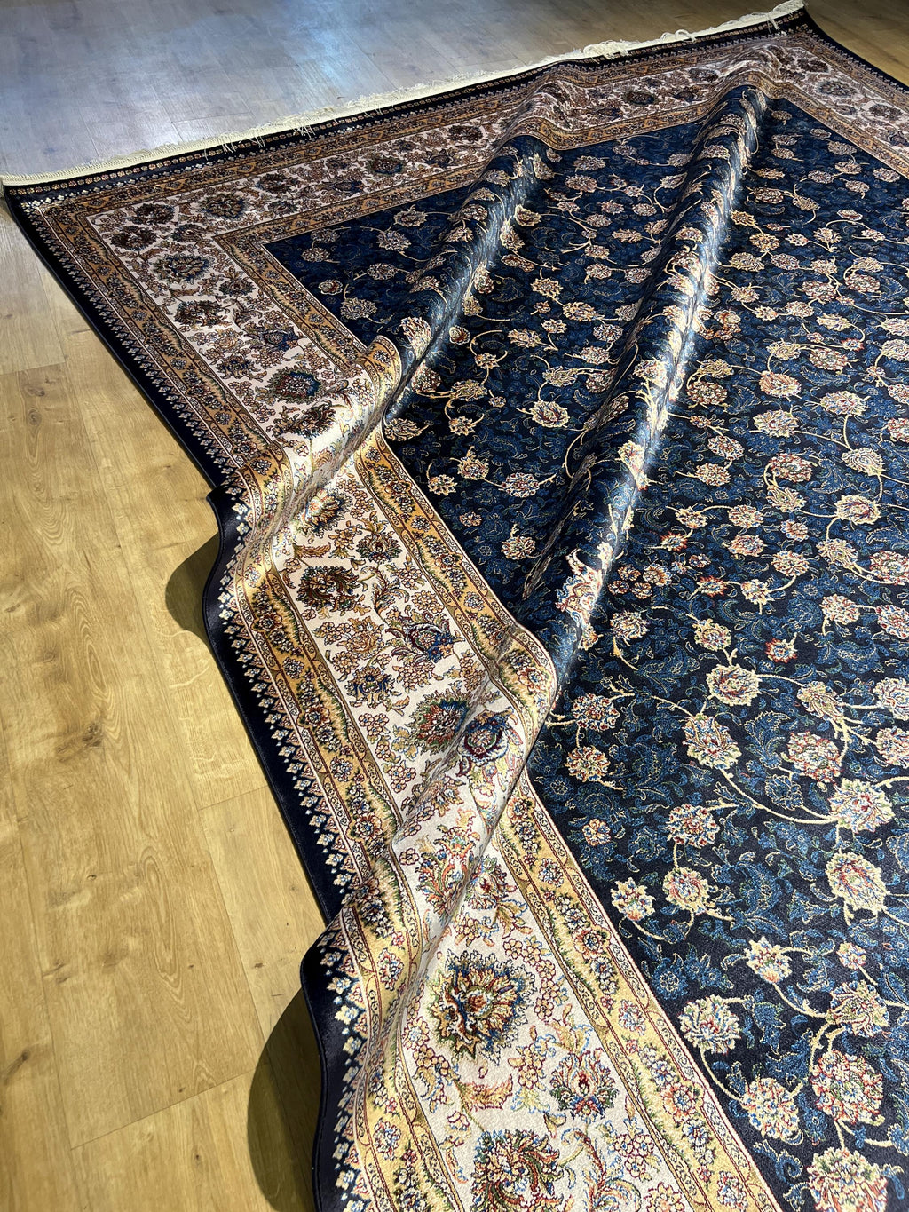 8x11 ft Blue Silk Bamboo Rug with Ivory Border and Gold Pattern, Classic Design