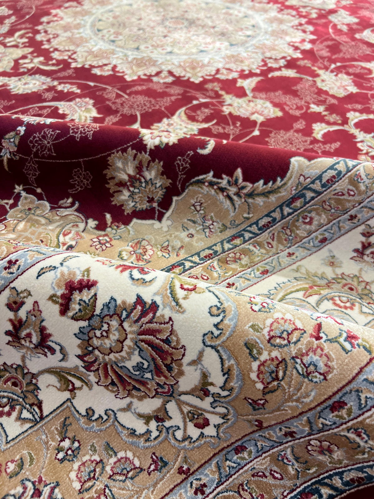 8x11 ft Classic Silk Carpet, Red Base Gold Medallion, Turkish Style Oversize Rug