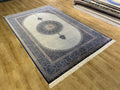 7x10 ft Grey Silk Rug, Navy Medallion and Border, Classic Design