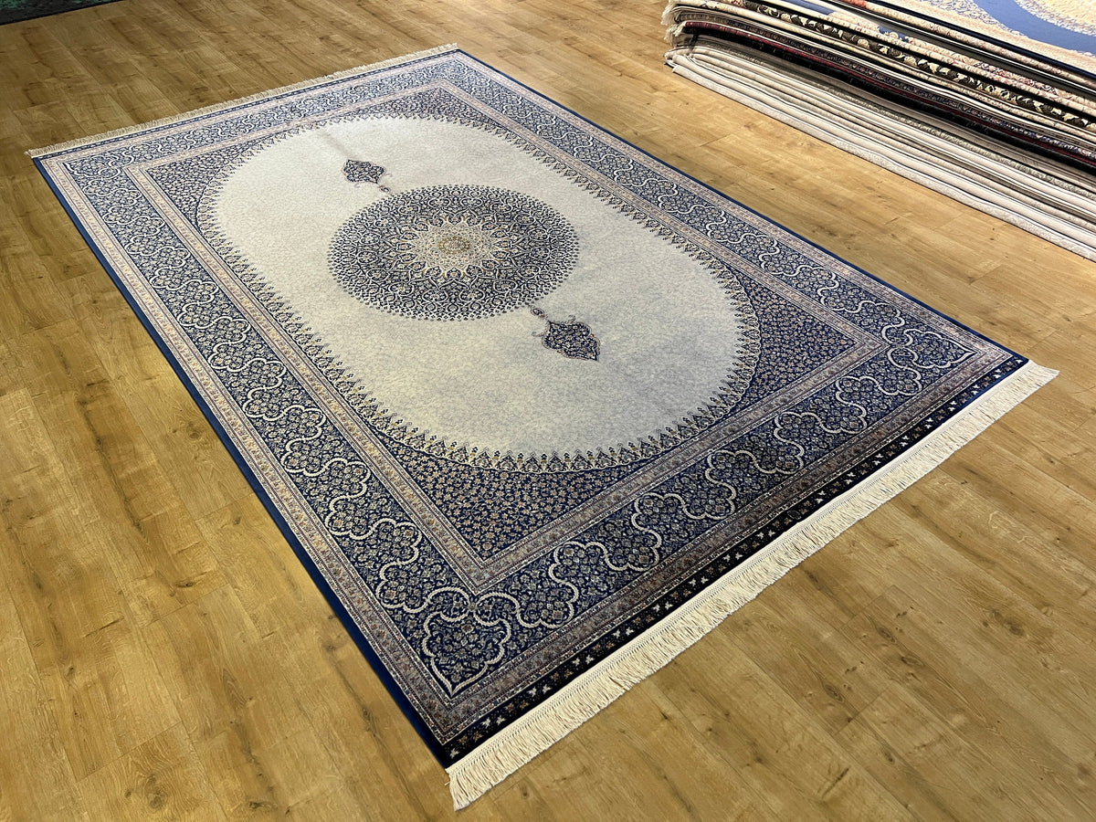 7x10 ft Grey Silk Rug, Navy Medallion and Border, Classic Design