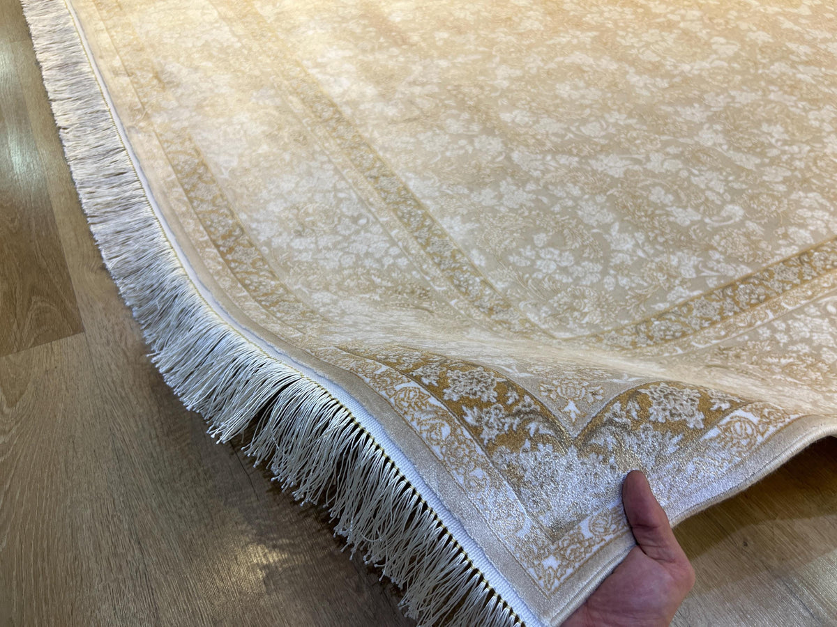 Cream Gold Silk Rug, Floral Pattern Classic Turkish Carpet