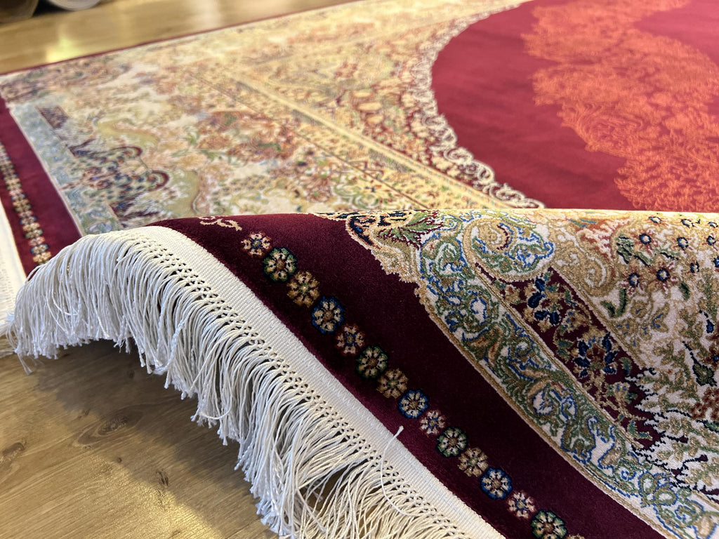Red Beige Silk Palace Rug, 8x11 ft, Turkish Carpet