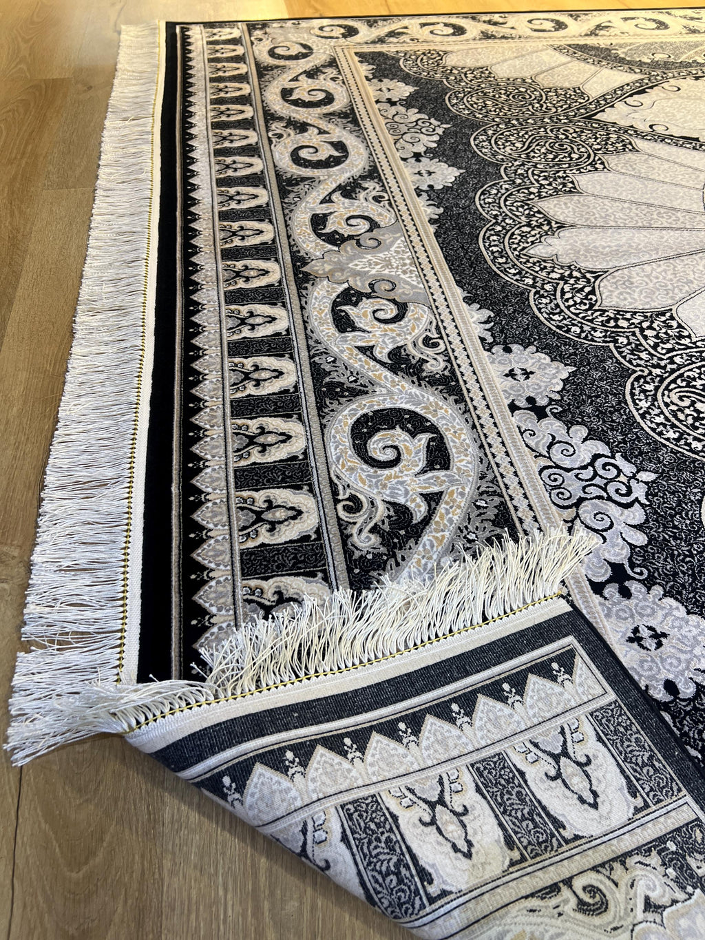 Black Silk Area Rug with Elegant Classic Motifs, Oversize Rug