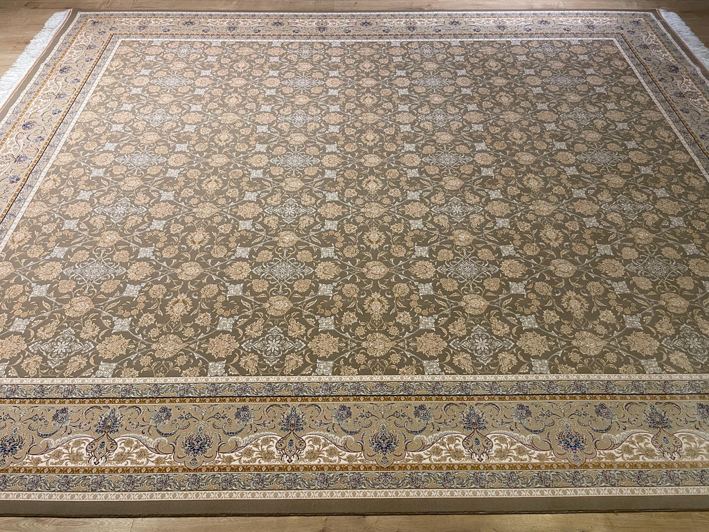 Beige Silk Rug, Cream Floral Design With Elegant Border, Luxury Area Rug