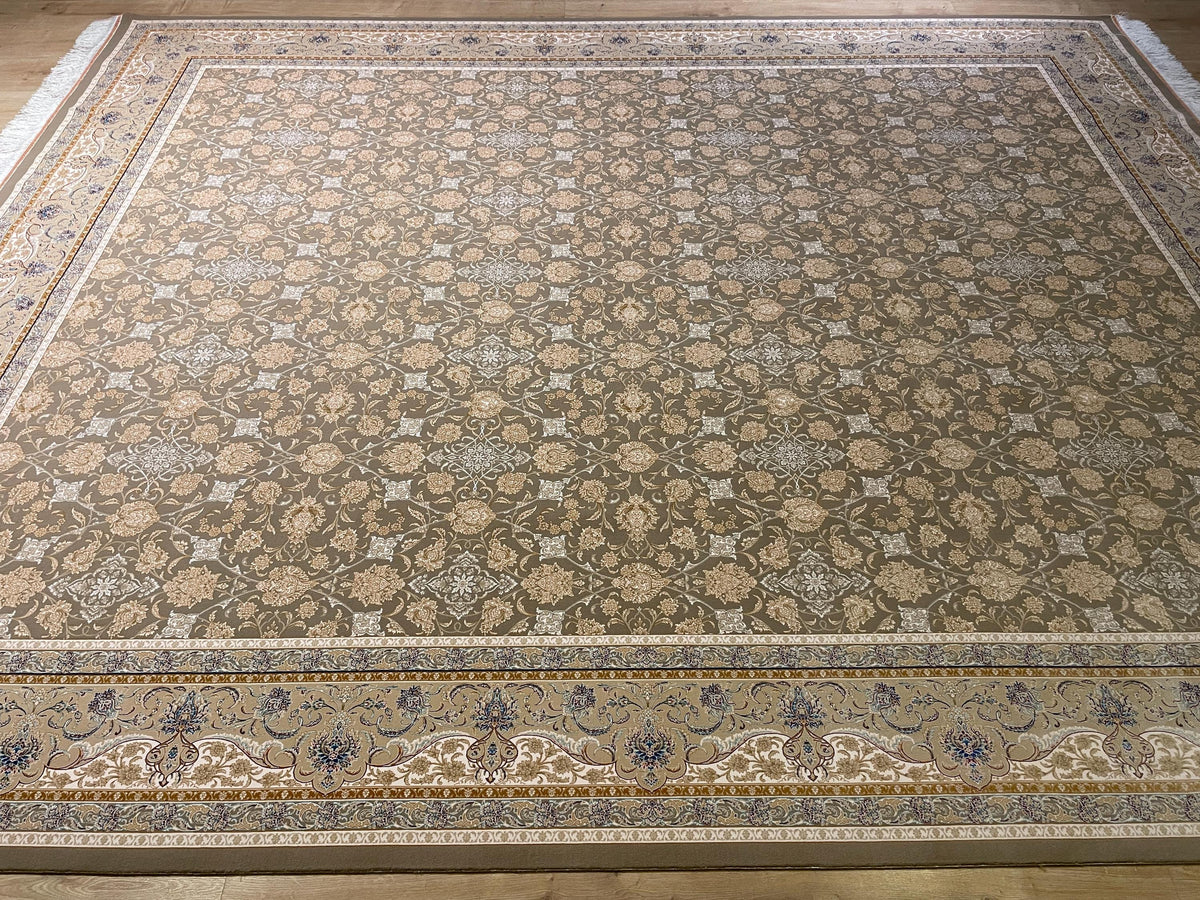 Beige Silk Rug, Cream Floral Design With Elegant Border, Luxury Area Rug