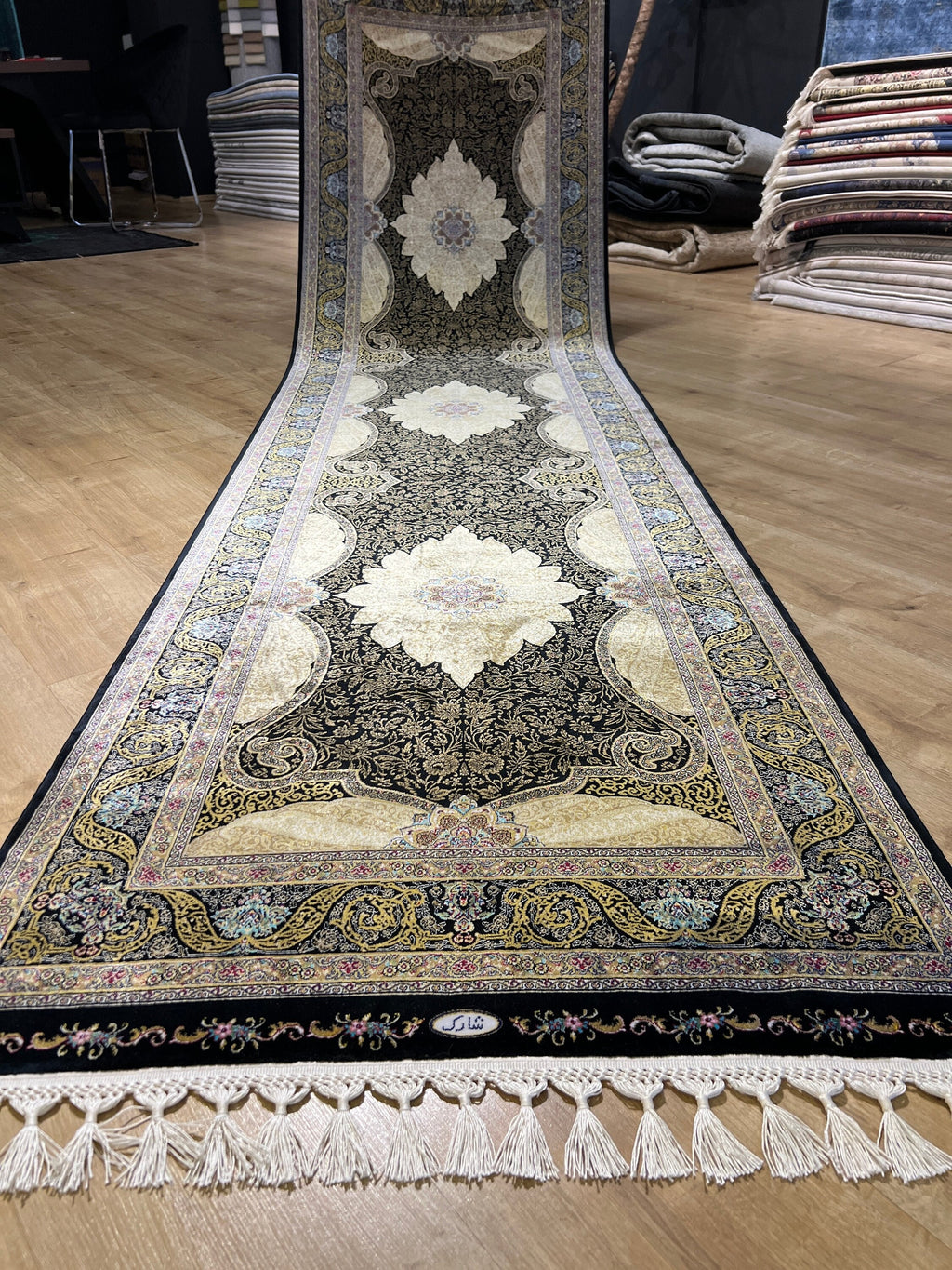 Black Gold Medallion Silk Runner Rug, 3x10 ft, Classic Luxury Hallway Rug