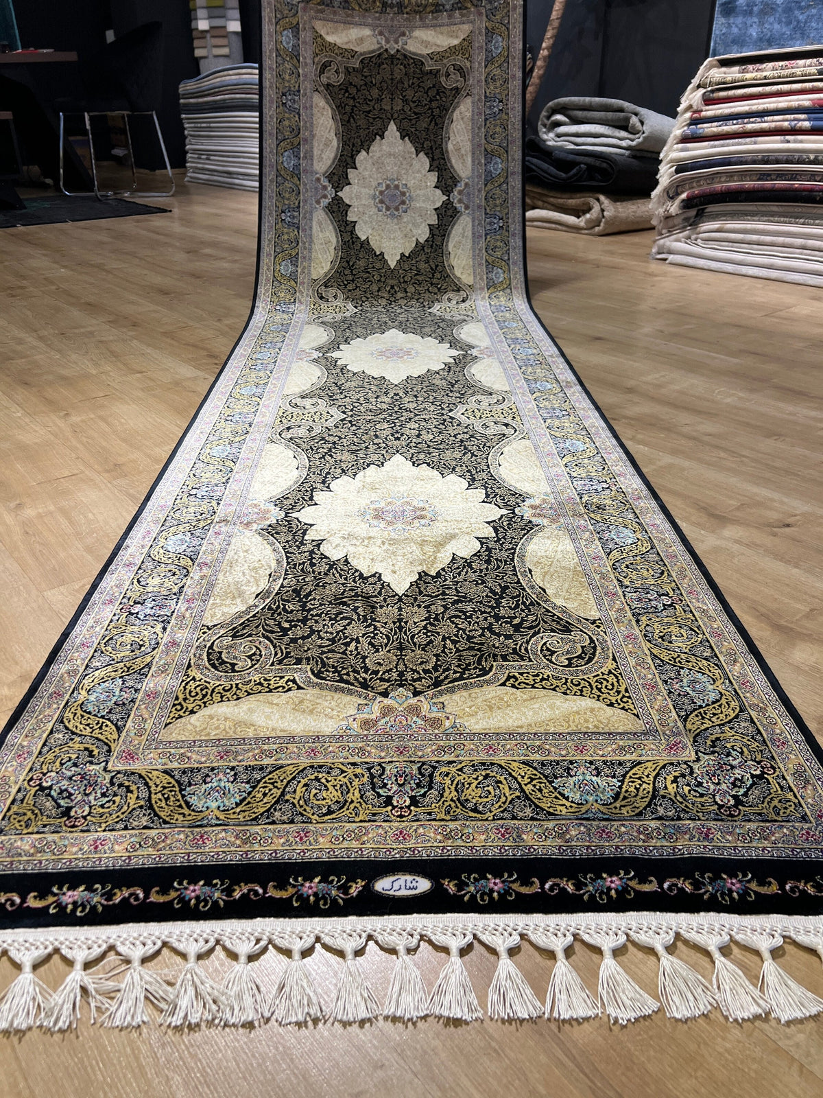 Black Gold Medallion Silk Runner Rug, 3x10 ft, Classic Luxury Hallway Rug