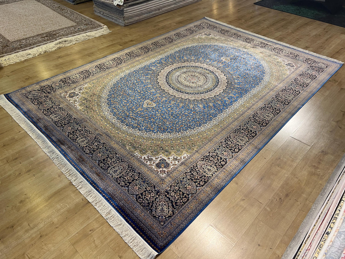 Blue Beige Silk Palace Rug, Traditional Turkish Carpet (8x11 ft)