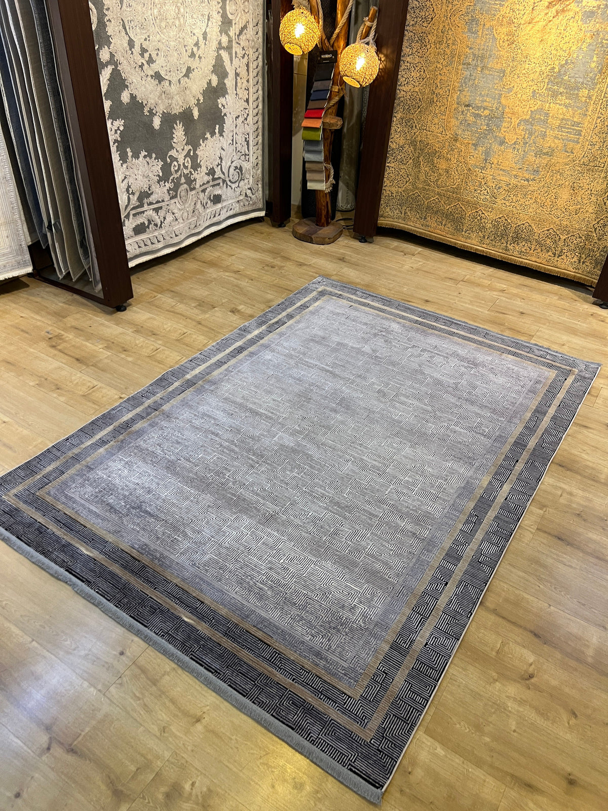 Geometric Pattern Bamboo Rug, Dark Gray, Turkish Carpet