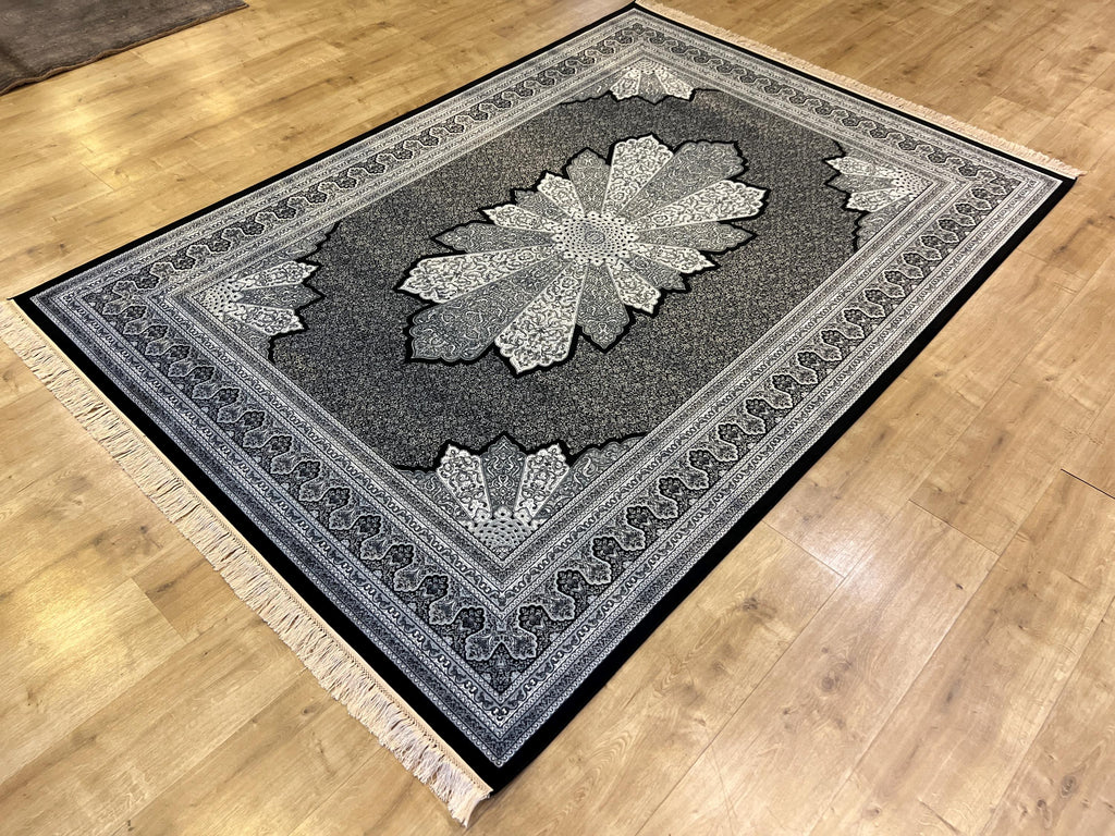 5x8 ft Black White Silk Rug, Traditional Medallion Design Rug , Luxury Home Decor