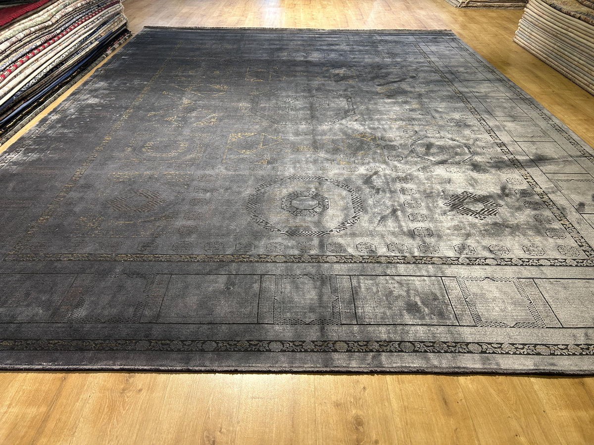 10x13 ft Smoked Gray Bamboo Rug, Distressed Pattern, Modern Rug